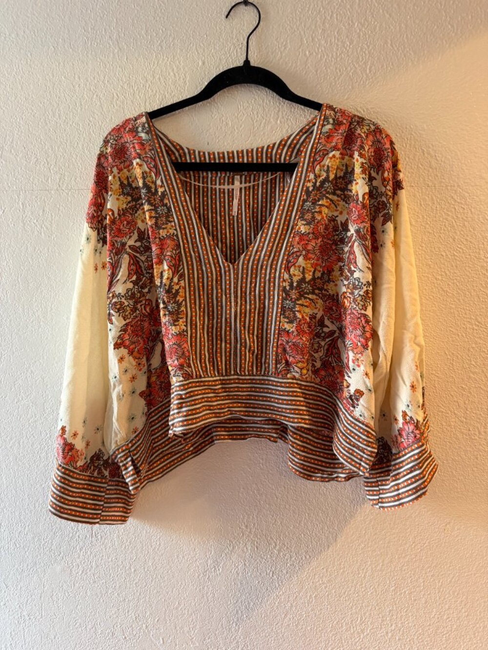 Free People Mix N Match Boho Bell Sleeve Patterned Blouse, Size M